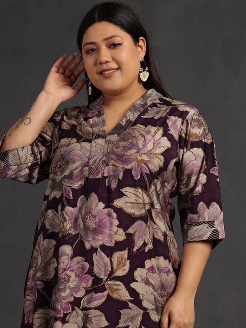 Plus Size Purple Printed Silk Blend Co-Ords