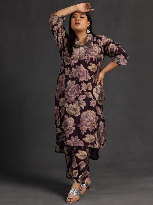 Plus Size Purple Printed Silk Blend Co-Ords