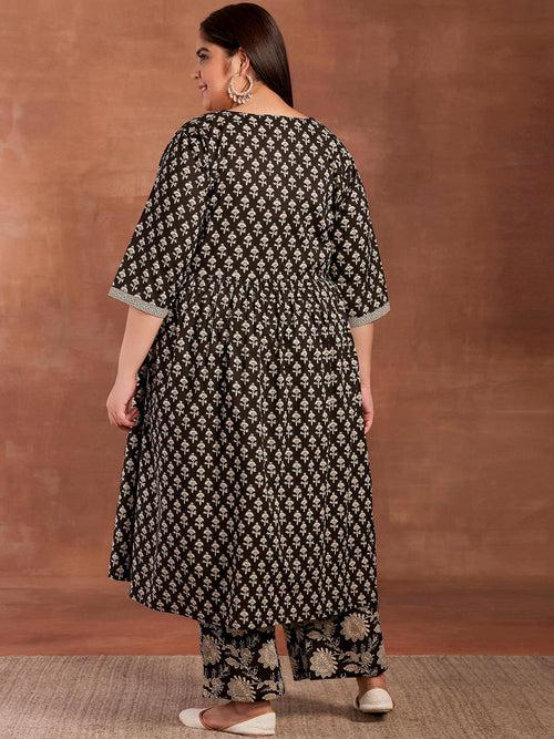 Plus Size Black Printed Cotton A-Line Kurta With Palazzos