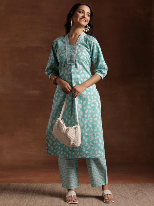 Green Printed Cotton Straight Kurta Set