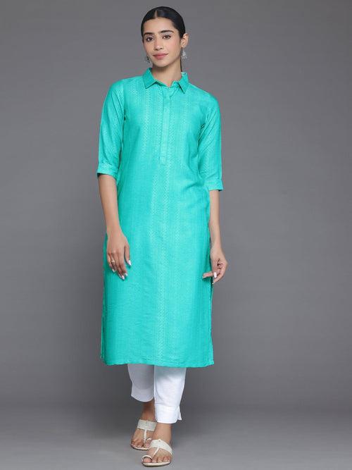 Blue Woven Design Cotton Straight Kurta