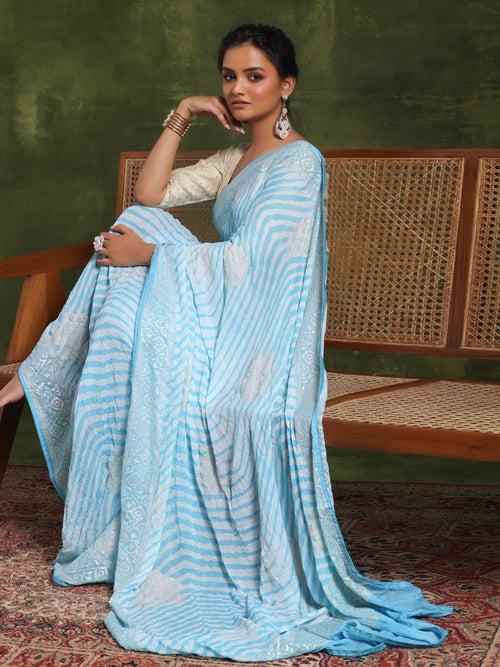 Blue Printed Poly Georgette Saree With Unstitched Blouse Piece