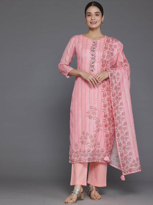 Pink Printed Cotton Straight Suit With Dupatta