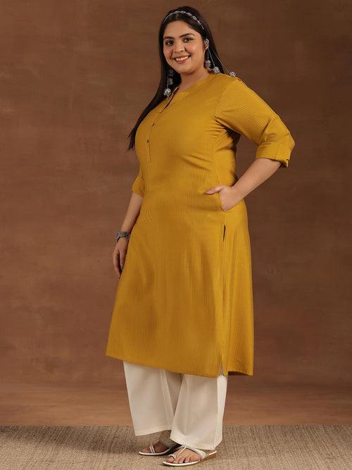 Plus Size Mustard Woven Design Silk Straight Kurta