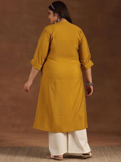 Plus Size Mustard Woven Design Silk Straight Kurta
