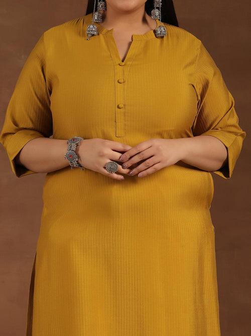 Plus Size Mustard Woven Design Silk Straight Kurta