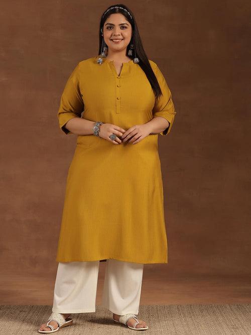 Plus Size Mustard Woven Design Silk Straight Kurta