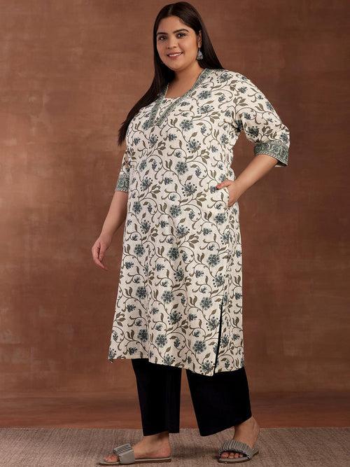 Plus Size Off White Printed Cotton Kurta