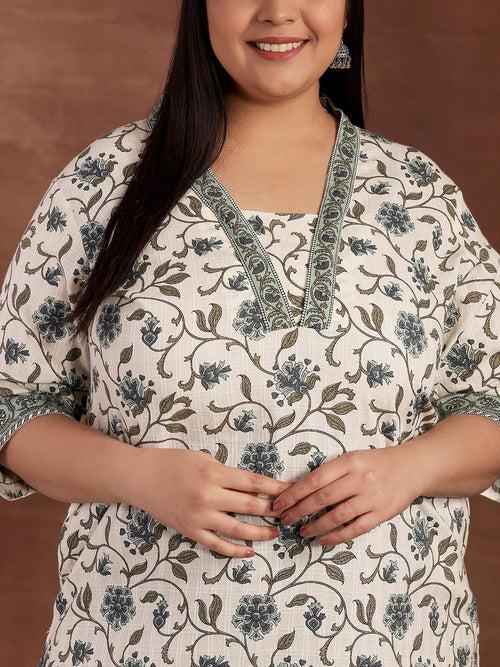 Plus Size Off White Printed Cotton Kurta