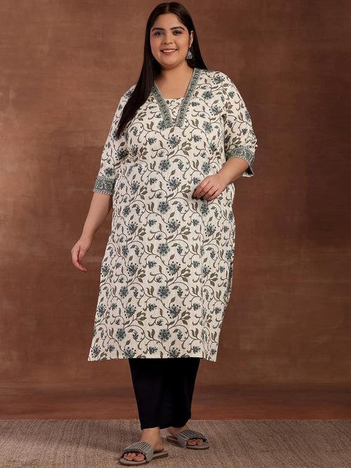 Plus Size Off White Printed Cotton Kurta