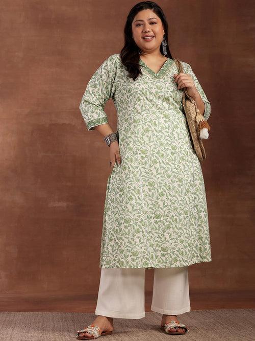 Plus Size Green Printed Cotton Kurta