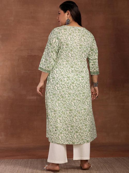 Plus Size Green Printed Cotton Kurta