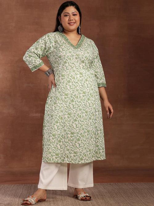 Plus Size Green Printed Cotton Kurta