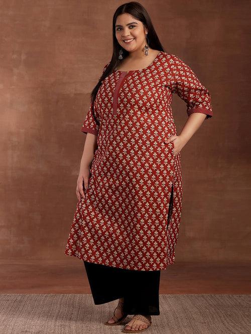 Plus Size Maroon Printed Cotton Kurta