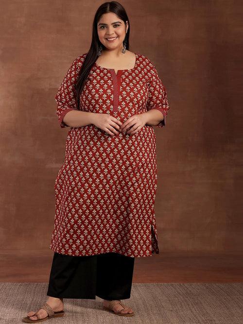 Plus Size Maroon Printed Cotton Kurta