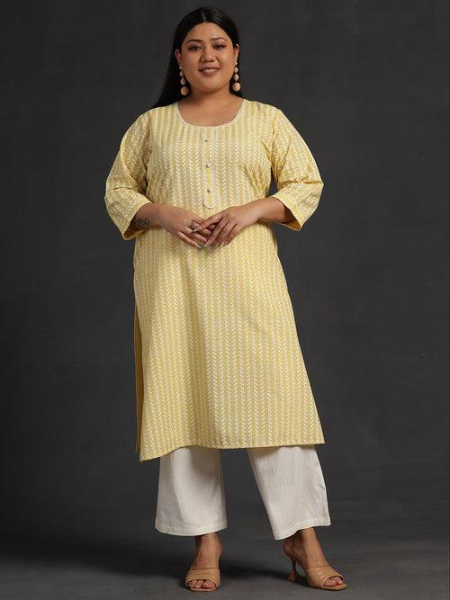 Plus Size Yellow Printed Cotton Straight Kurta