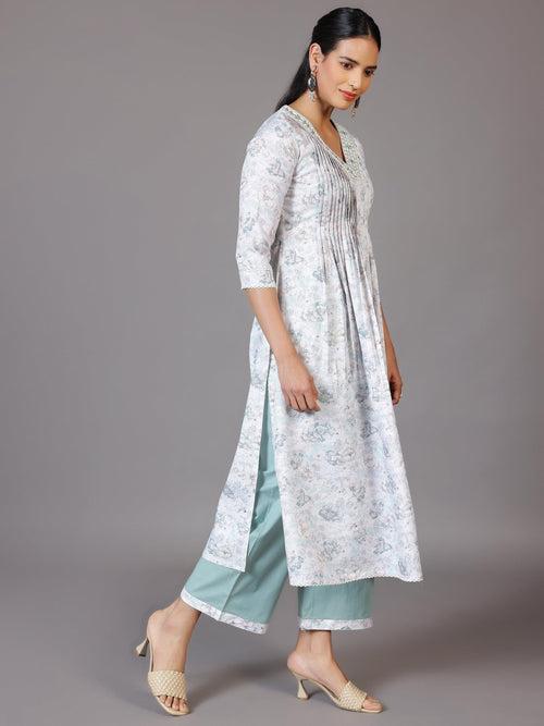 Off White Printed Cotton Blend A-Line Kurta With Palazzos & Dupatta