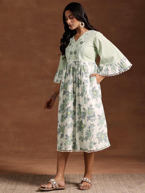 Green Printed Cotton A-Line Kurta