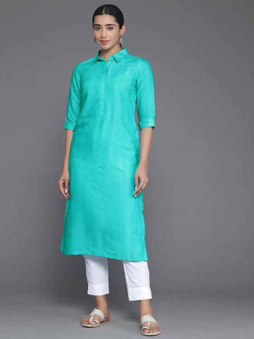 Blue Woven Design Cotton Straight Kurta