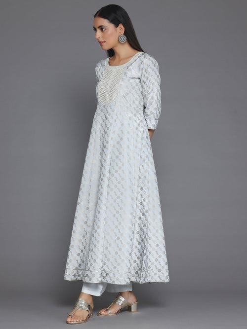 Grey Printed Silk Blend A-Line Kurta With Trousers