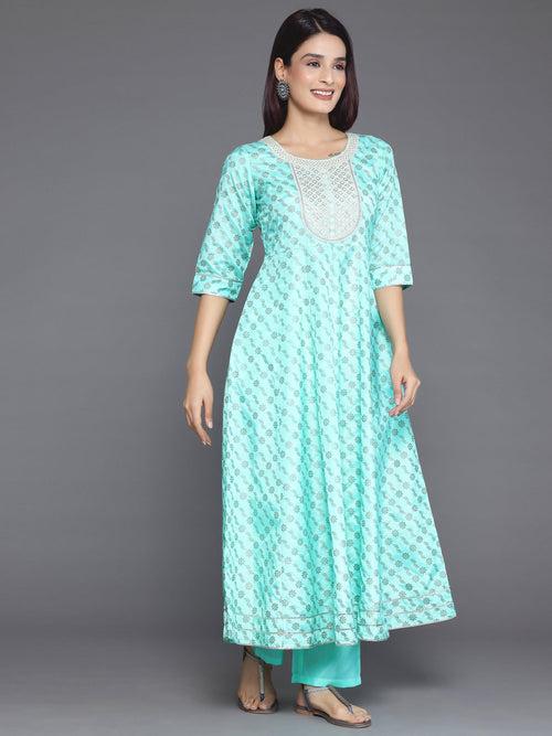 Blue Printed Silk Blend A-Line Kurta With Palazzos