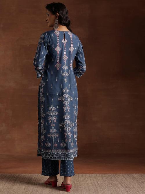 Grey Printed Crepe Straight Kurta Set