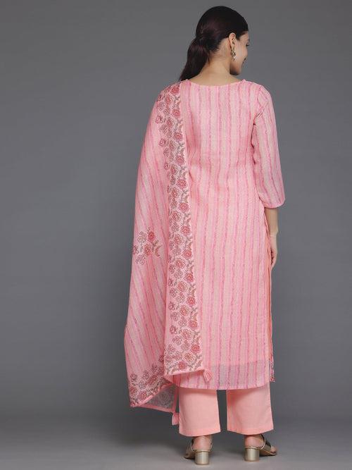 Pink Printed Cotton Straight Suit With Dupatta