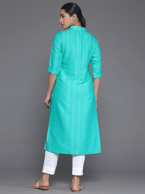 Blue Woven Design Cotton Straight Kurta