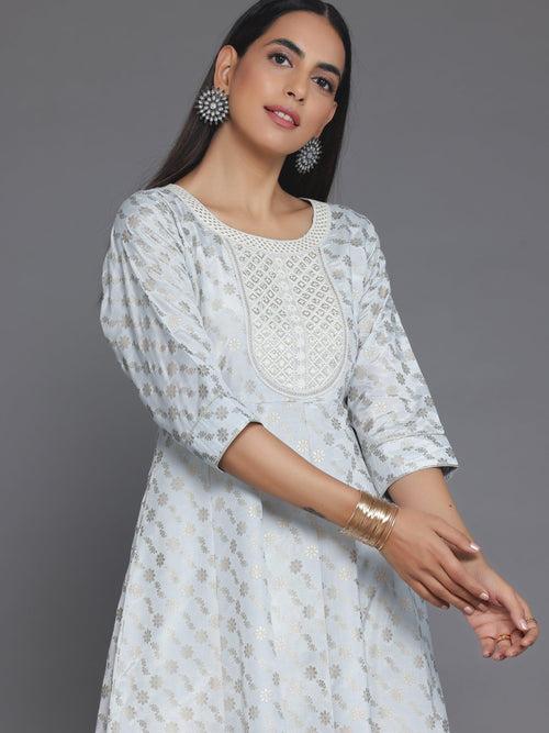 Grey Printed Silk Blend A-Line Kurta With Trousers