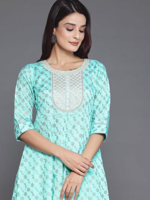 Blue Printed Silk Blend A-Line Kurta With Palazzos