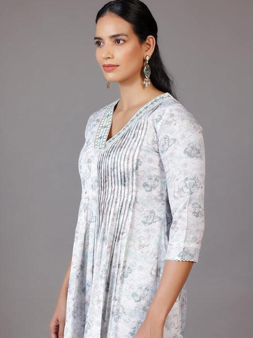 Off White Printed Cotton Blend A-Line Kurta With Palazzos & Dupatta