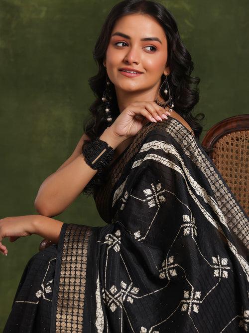 Black Printed Silk Blend Saree With Unstitched Blouse Piece