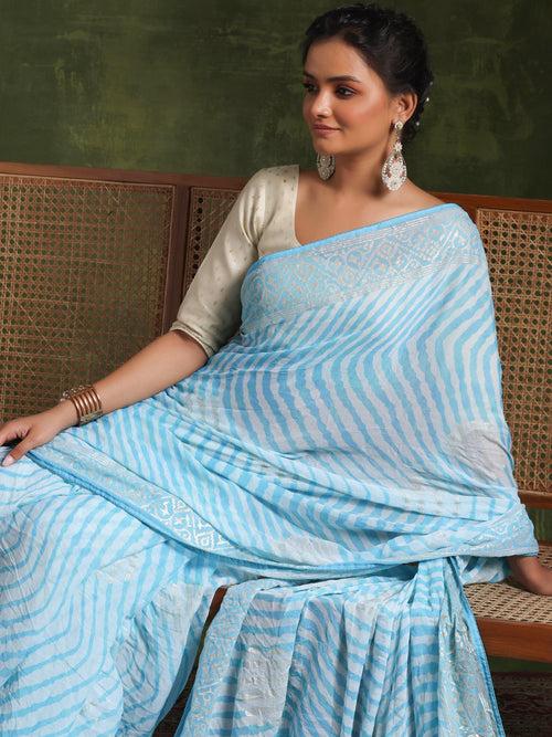 Blue Printed Poly Georgette Saree With Unstitched Blouse Piece