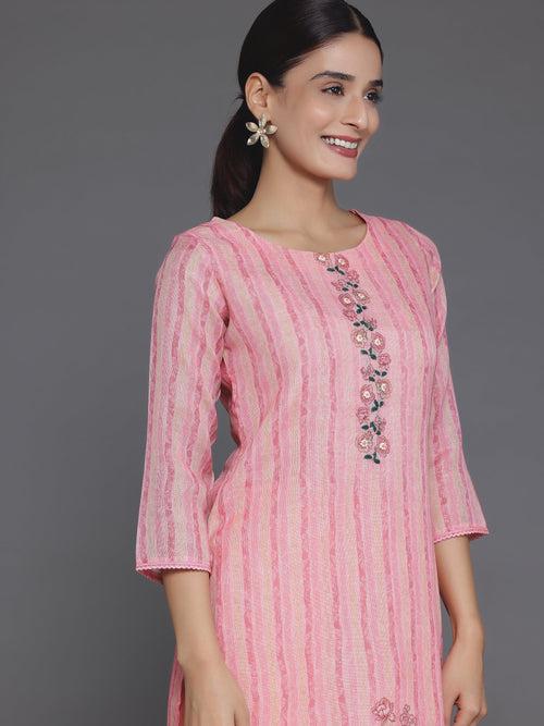 Pink Printed Cotton Straight Suit With Dupatta