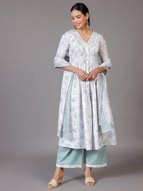 Off White Printed Cotton Blend A-Line Kurta With Palazzos & Dupatta