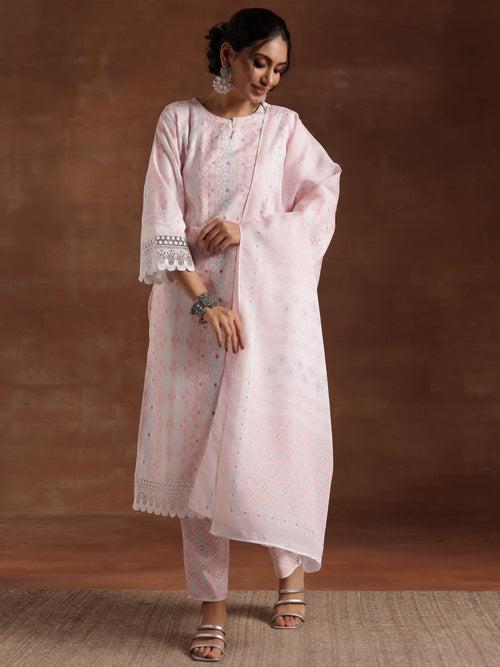 Peach Embroidered Cotton Blend Straight Suit With Dupatta