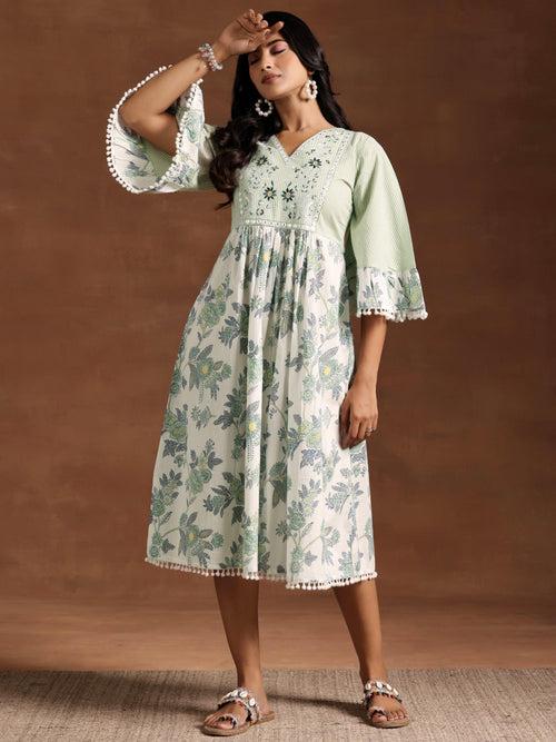 Green Printed Cotton A-Line Kurta