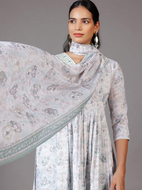 Off White Printed Cotton Blend A-Line Kurta With Palazzos & Dupatta