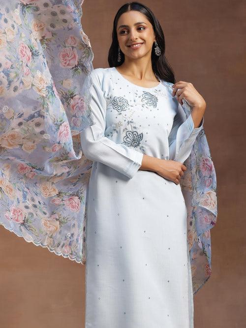 Blue Embroidered Silk Blend Straight Suit With Dupatta