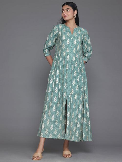 Green Printed Silk Fit and Flare Dress