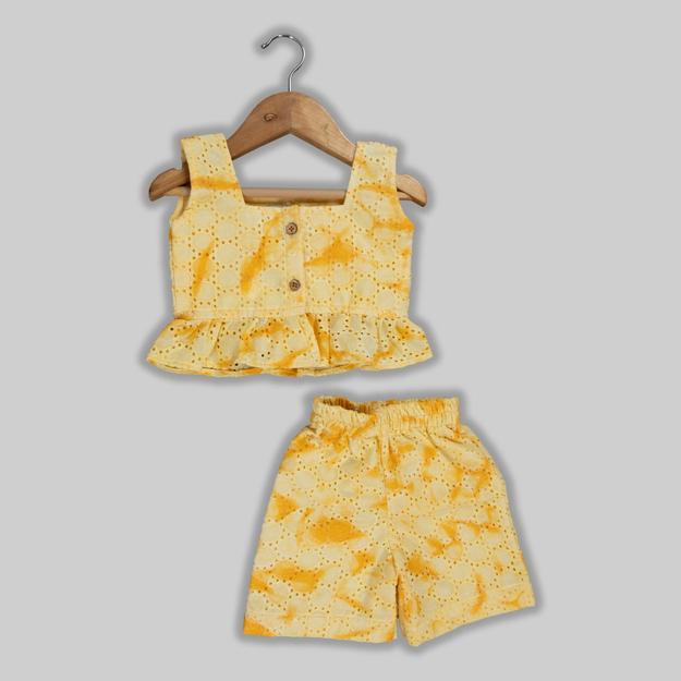 Yellow Cotton Hakoba Co-ord Set For Girls