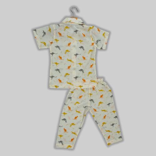 Cream Cotton Dinosaur Print Sleepwear For Kids