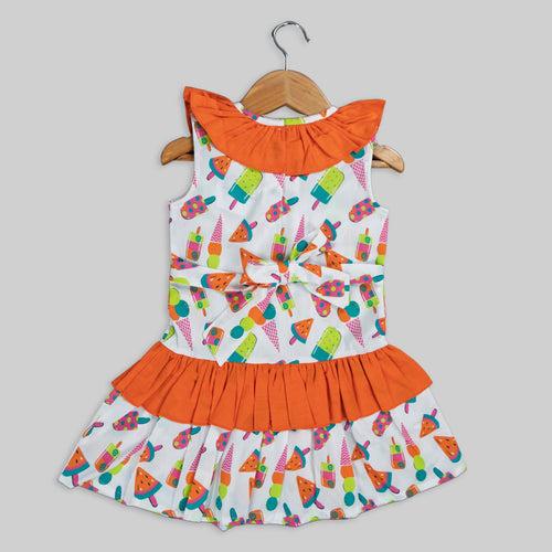 White Cotton Printed Frock For Girls