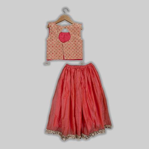 Pre Order: Peach Embroidered Top and Ghaghra Set For Girls