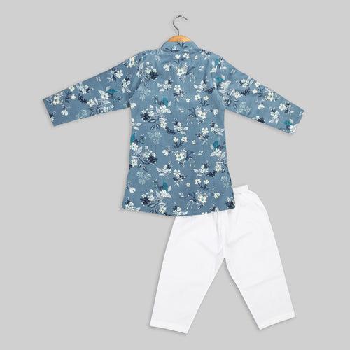 Blue Cotton Floral Printed Kurta Pyjama For Boys