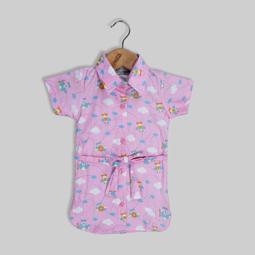 Pink Cotton Printed Shirt Dress For Girls