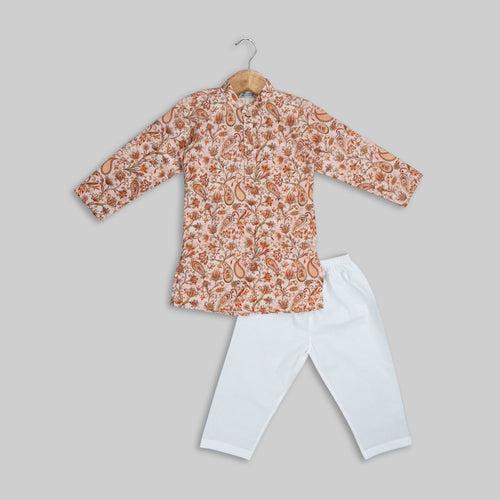 Peach Cotton Printed Kurta Pyjama for Boys