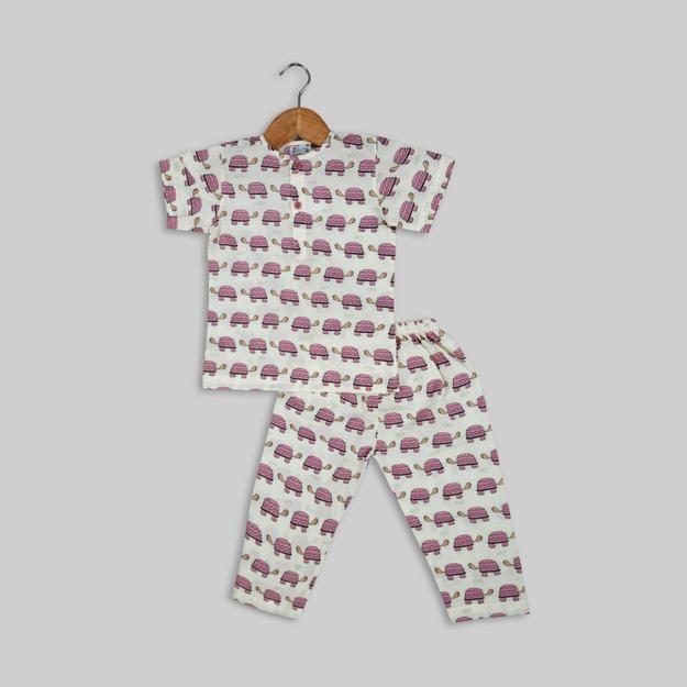 White Cotton Tortoise Print Sleepwear For Kids