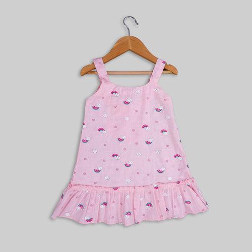 Pink Cotton Rainbow Print Frock For Girls