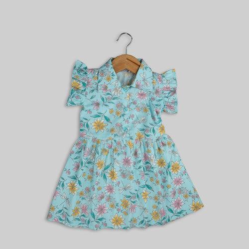 Blue Cotton Floral Print Frock For Girls